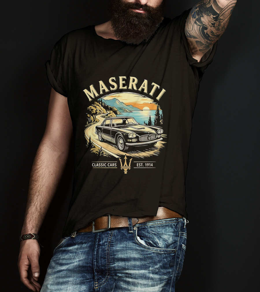 Maserati Classic Cars Est 1914 Vintage Sunset Road Scene T-Shirt