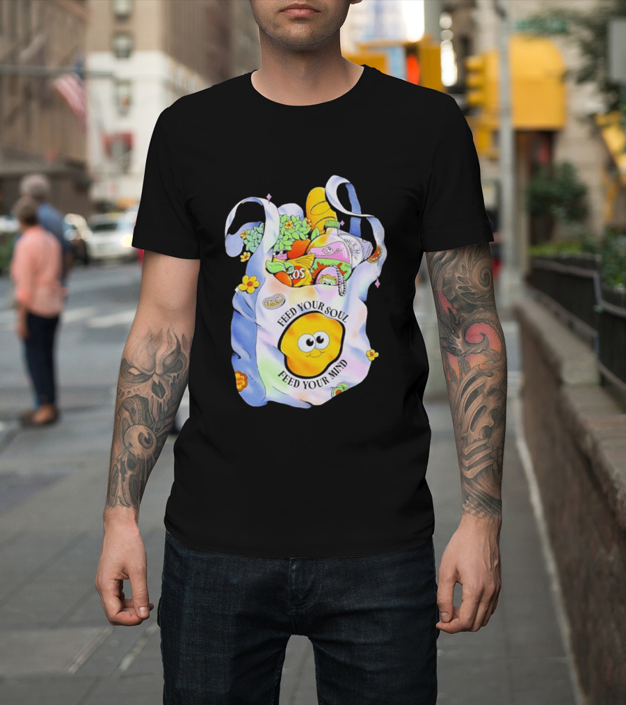Feed Your Soul Feed Your Mind Bag With Groceries And Cartoon Face T-Shirt