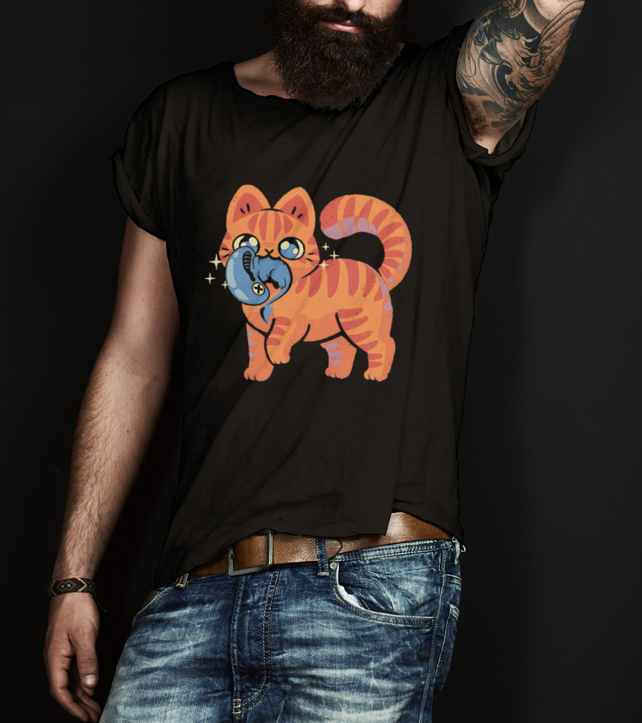 Orange Tabby Cat With Sparkles And Blue Alien Creature T-Shirt