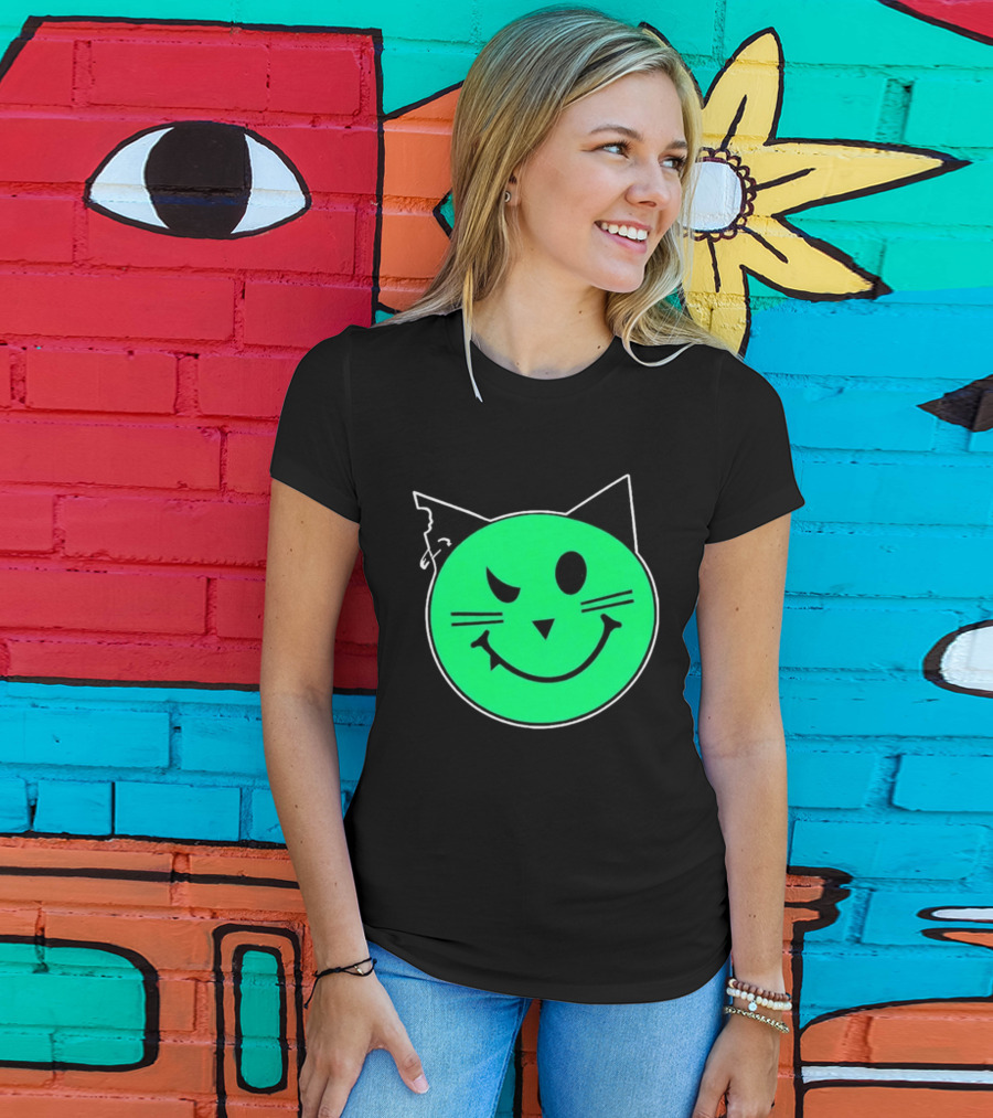 Taliesin Wearing MeowMeowz Smiling Cat Face With Green Circle Black Ears Whiskers T-Shirt