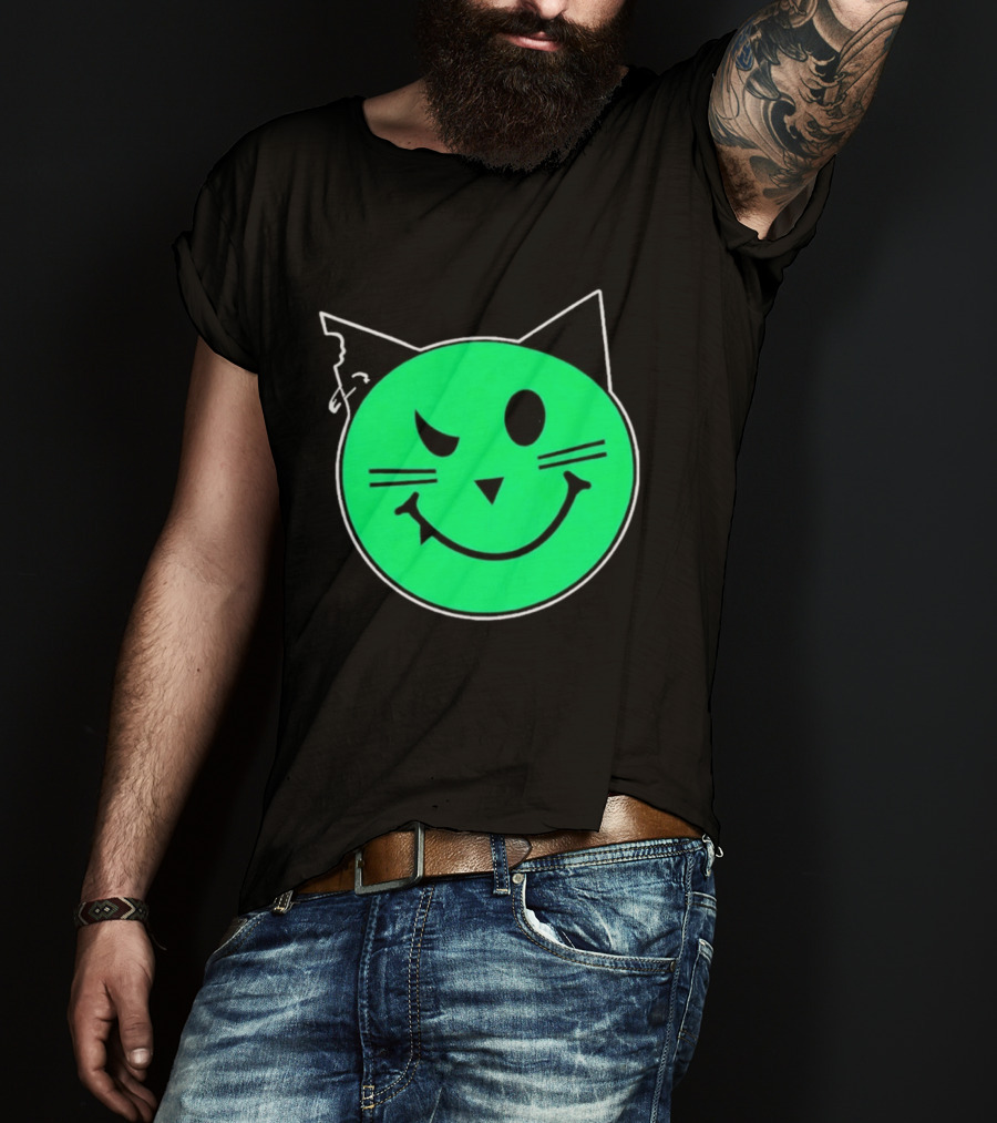 Taliesin Wearing MeowMeowz Smiling Cat Face With Green Circle Black Ears Whiskers T-Shirt