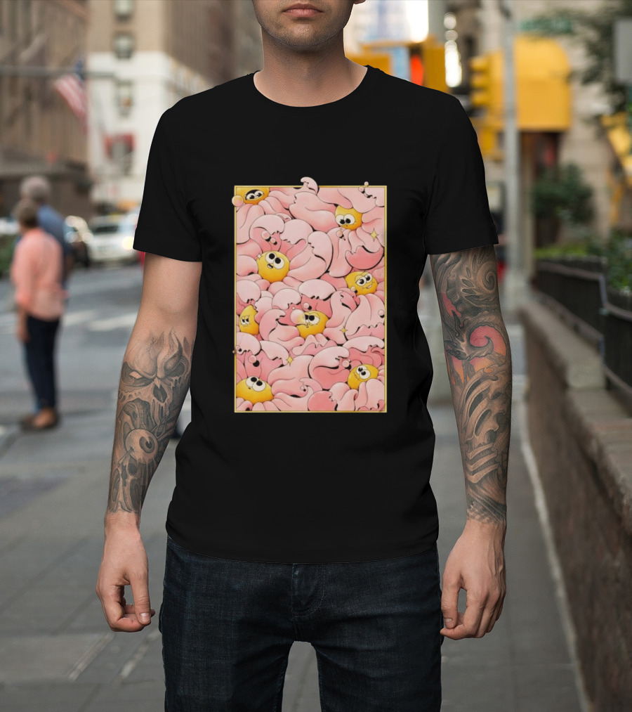 Many Yellow Round Characters With Large Eyes In Pink Flowing Cascades T-Shirt