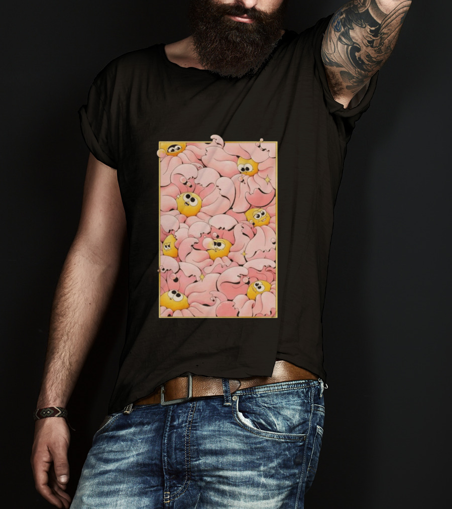 Many Yellow Round Characters With Large Eyes In Pink Flowing Cascades T-Shirt