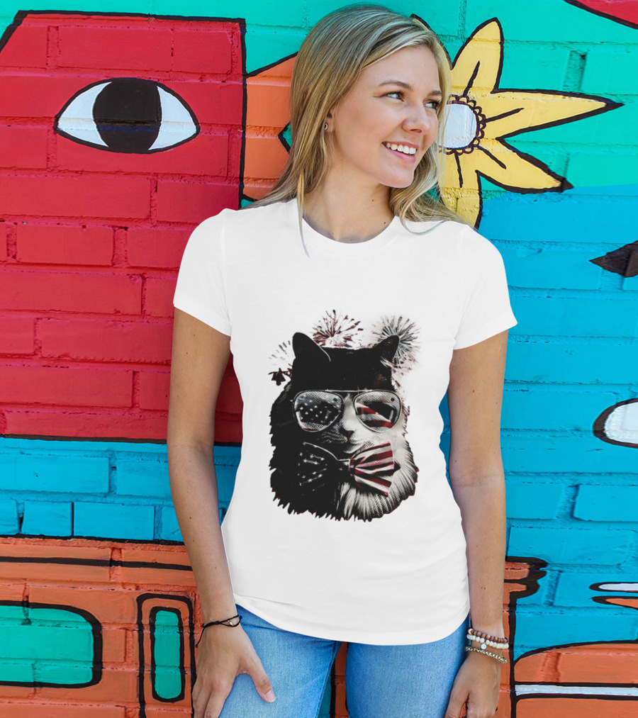 American Flag Cat Sunglasses And Bowtie Fireworks Independence Day T-Shirt