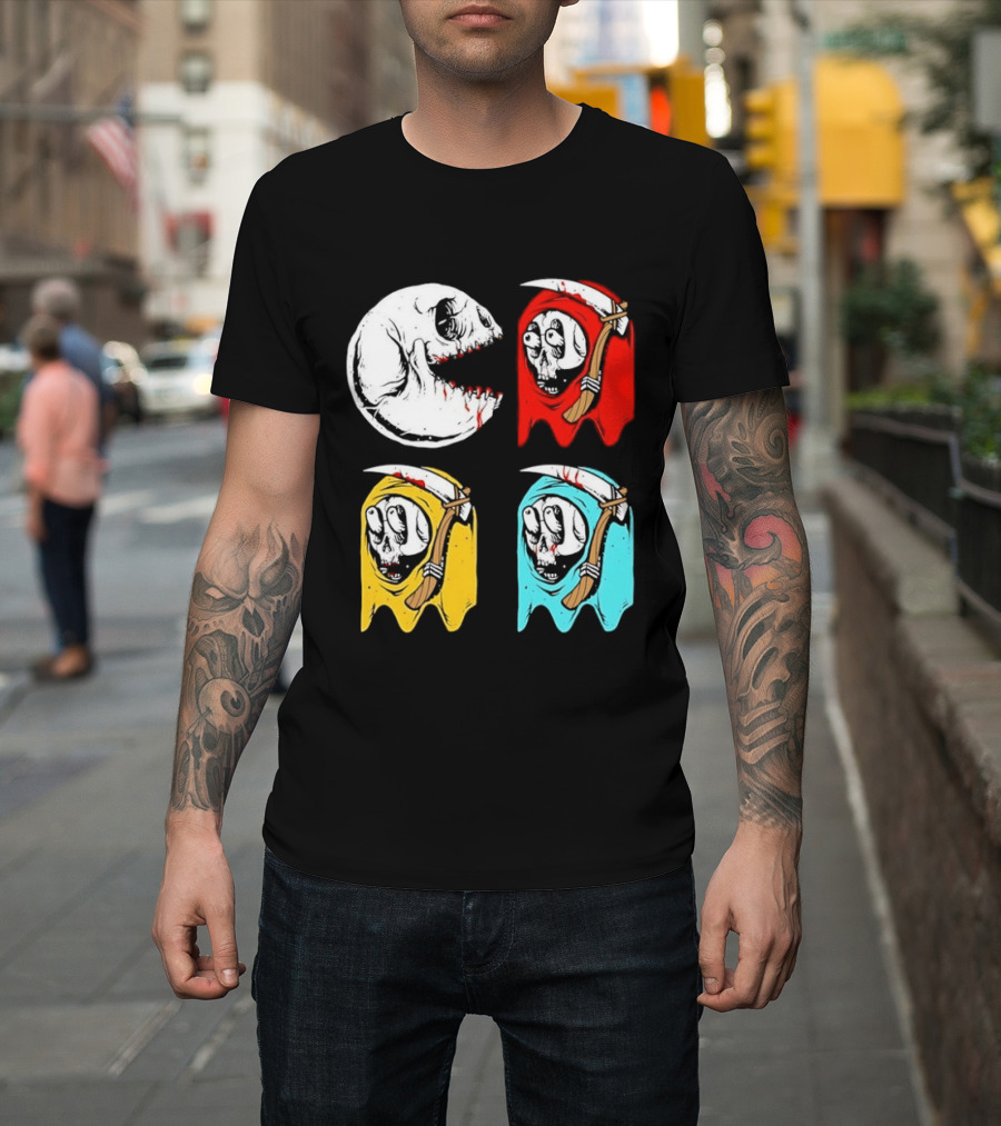 Pac Man Skeleton Skull Ghost Grim Reaper Red Yellow Blue T-Shirt