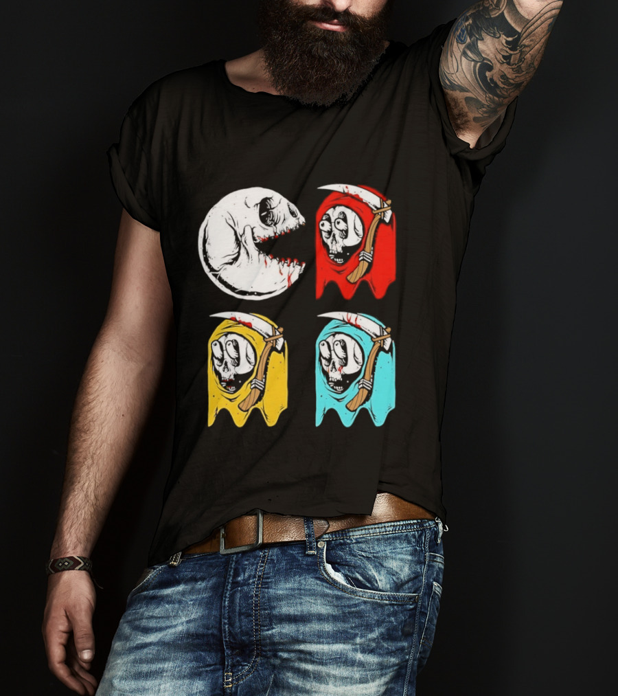Pac Man Skeleton Skull Ghost Grim Reaper Red Yellow Blue T-Shirt