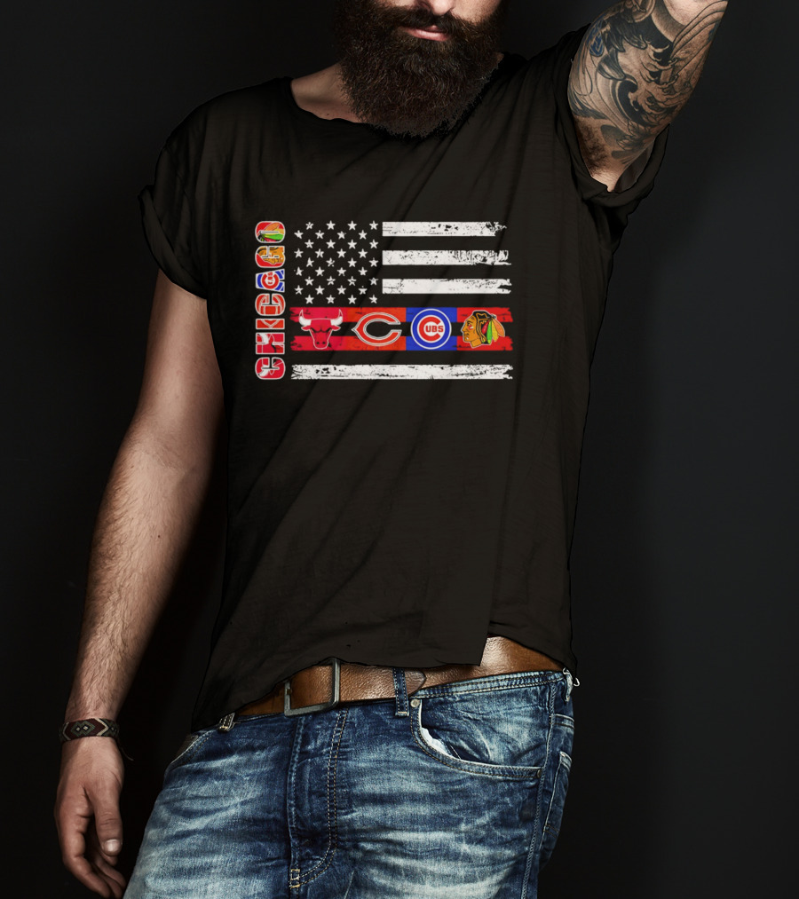Chicago Bulls Bears Cubs Blackhawks American Flag T-Shirt