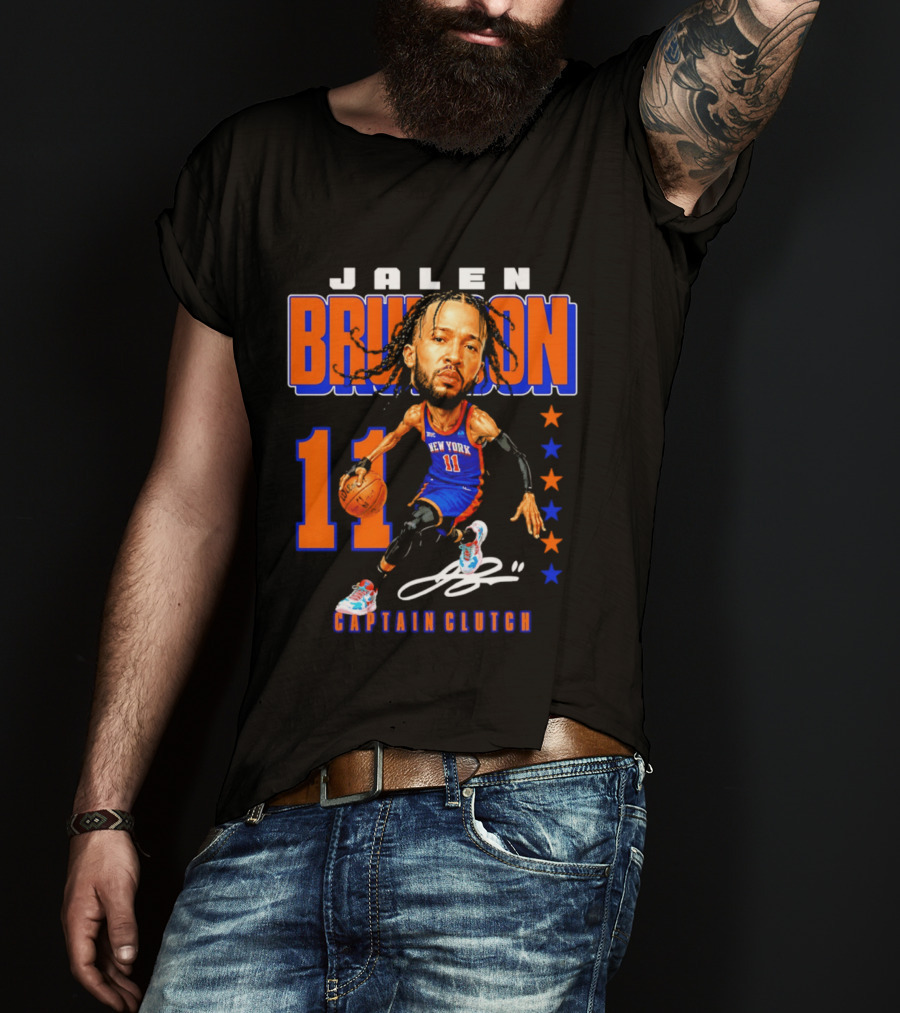 Jalen Brunson New York 11 Captain Clutch Caricature T-Shirt