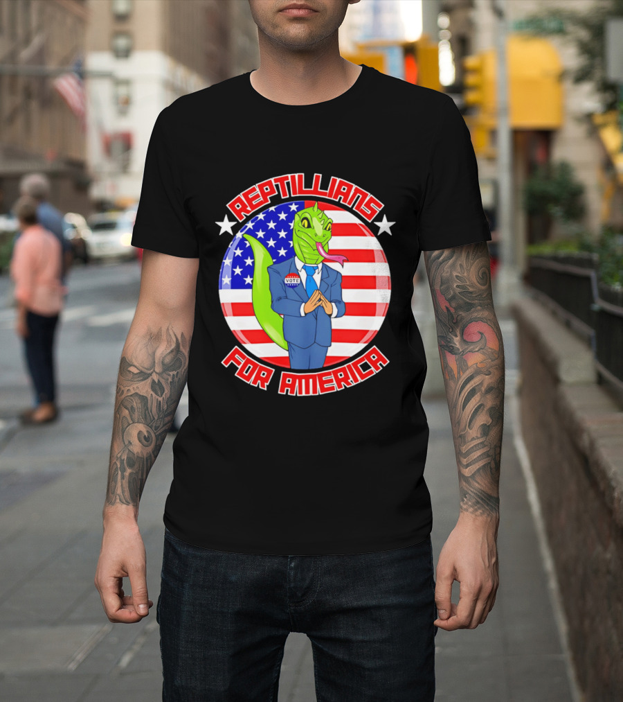 Reptillians For America Vote Lizard In Suit With American Flag T-Shirt