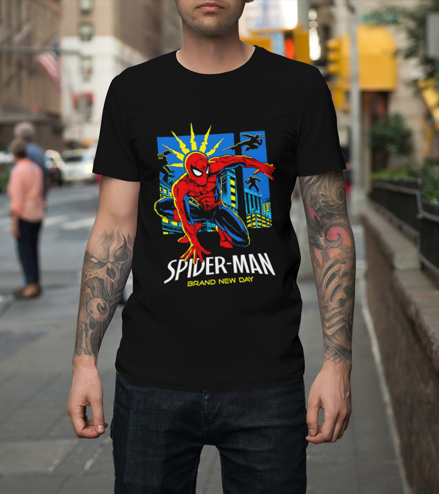 Spider Man Brand New Day Marvel Comics Dynamic Cityscape Action T-Shirt