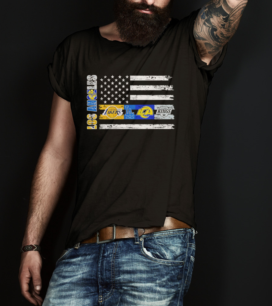 Los Angeles Lakers Dodgers Rams Kings Flag Stars And Stripes T-Shirt