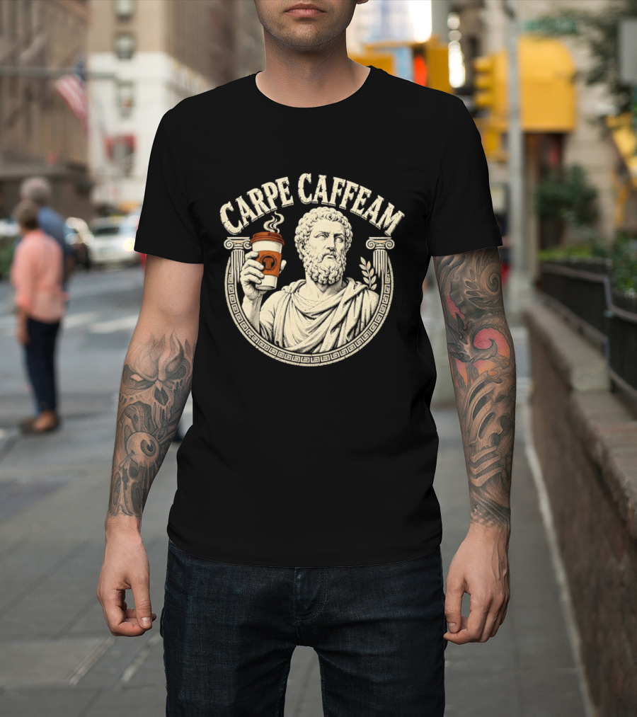 Carpe Caffeam Ancient Philosopher Coffee Cup Greek Column Statue T-Shirt