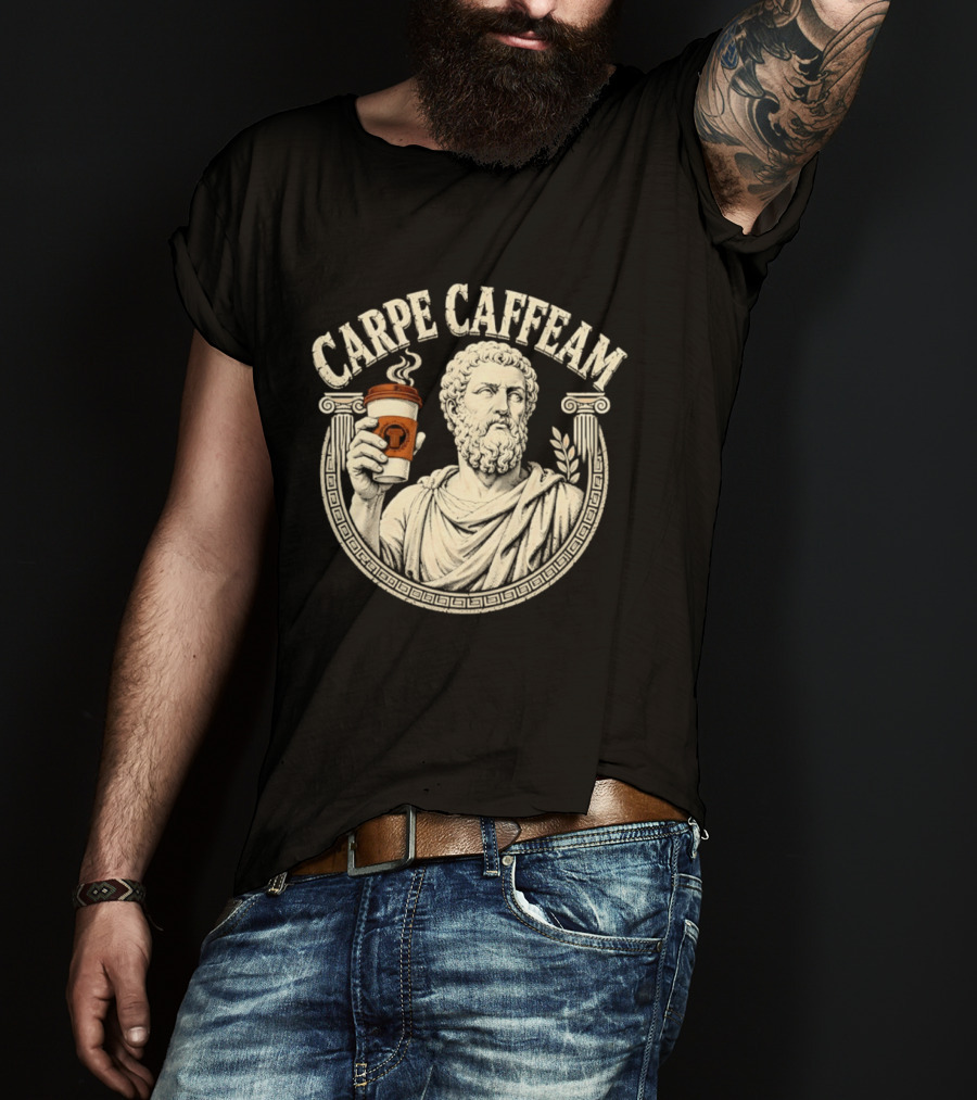 Carpe Caffeam Ancient Philosopher Coffee Cup Greek Column Statue T-Shirt