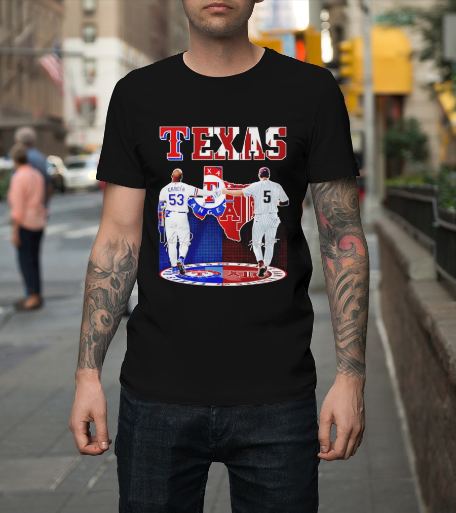 Texas Rangers Adolis Garcia And Texas A&M Aggies Hunter Schott Split Map T-Shirt
