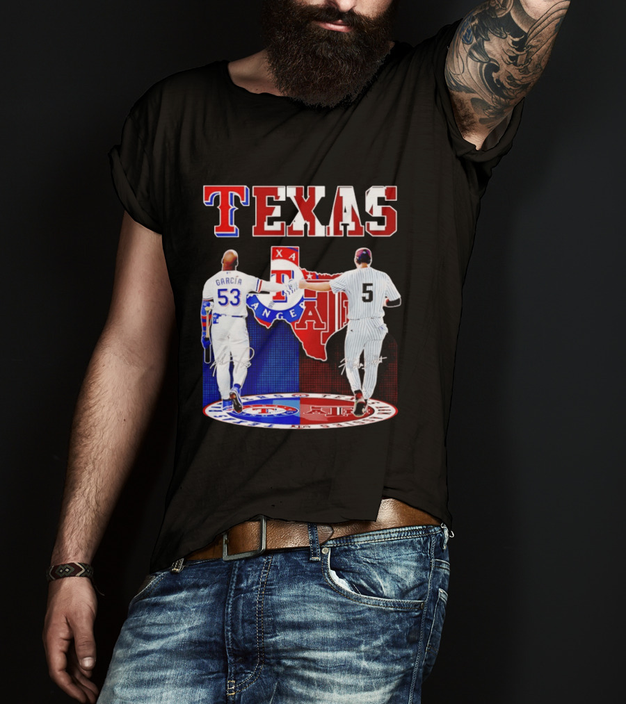 Texas Rangers Adolis Garcia And Texas A&M Aggies Hunter Schott Split Map T-Shirt