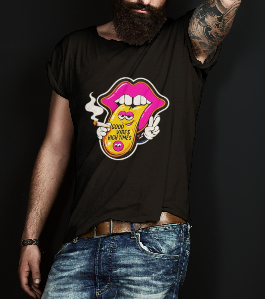 Good Vibes High Times Smoking Tongue And Peace Sign T-Shirt