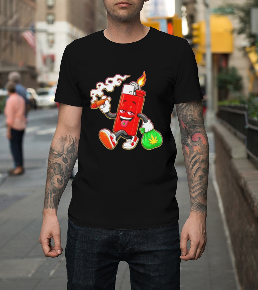 Flame Lighter And Smoking Joint With Cannabis Bag Cartoon T-Shirt