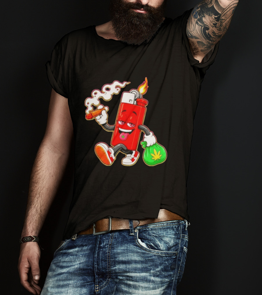Flame Lighter And Smoking Joint With Cannabis Bag Cartoon T-Shirt