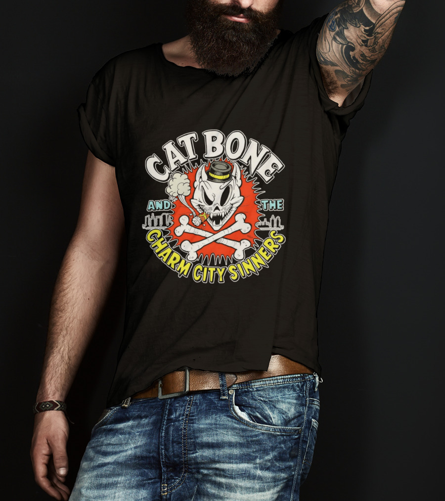 Cat Bone And The Charm City Sinners Smoking Skull And Crossbones Top Hat T-Shirt