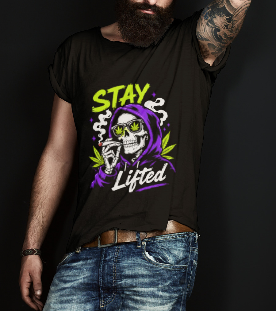 Stay Lifted Skeleton Smoking Weed Vapor Clouds Psychedelic T-Shirt