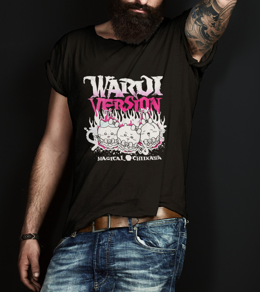 Warui Version Magical Chiikawa Characters In Fiery Pink And White T-Shirt