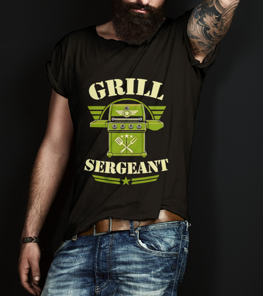 Grill Sergeant Military Style Barbecue Theme With Star Emblem And Utensils T-Shirt