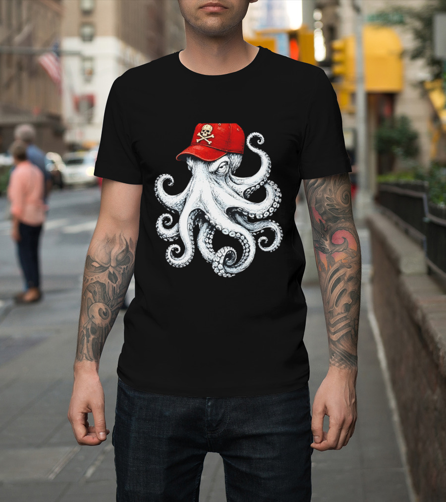 Octopus In Red Cap With Skull And Crossbones T-Shirt