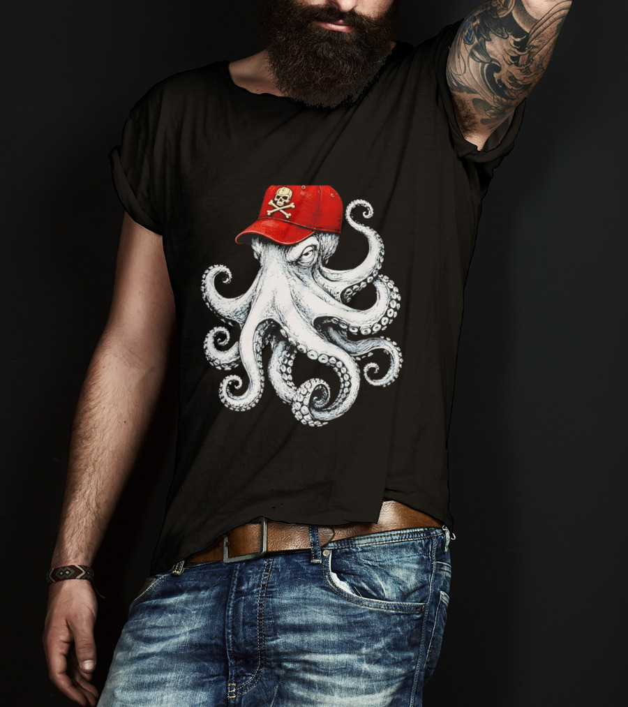 Octopus In Red Cap With Skull And Crossbones T-Shirt