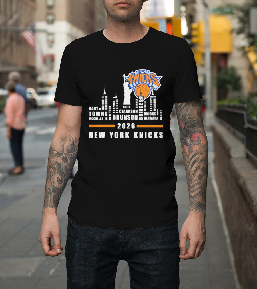New York Knicks 2026 Jalen Brunson Mikal Bridges NBA Manhattan Skyline T-Shirt