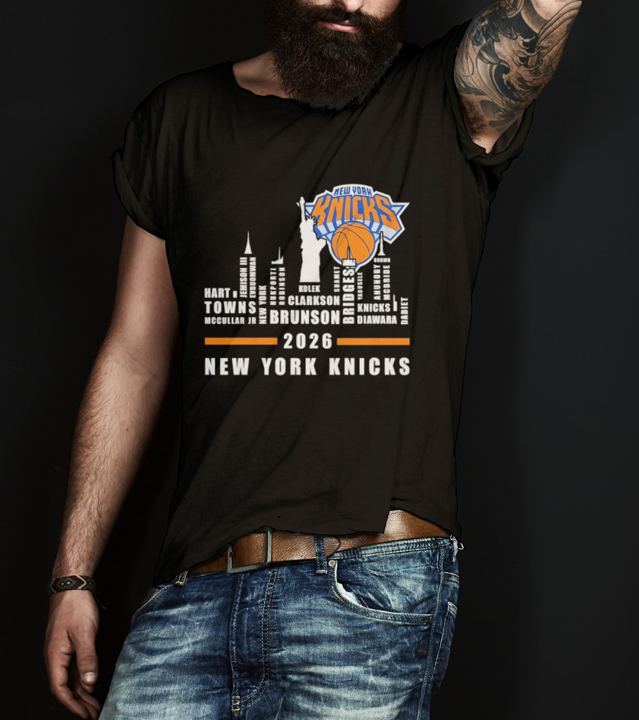 New York Knicks 2026 Jalen Brunson Mikal Bridges NBA Manhattan Skyline T-Shirt
