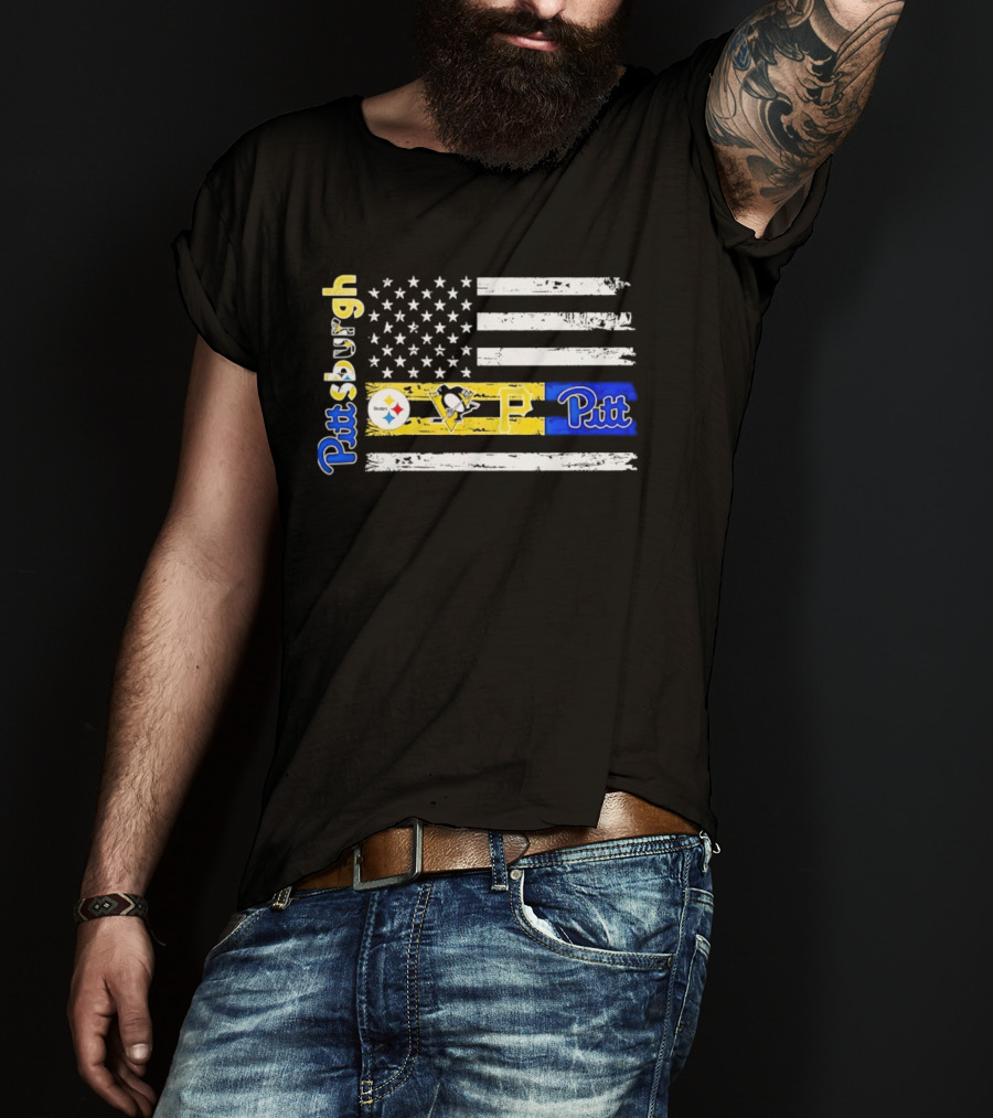 Pittsburgh Steelers Penguins Pirates Pitt American Flag T-Shirt