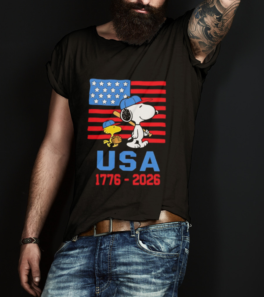 Snoopy Woodstock Peanuts USA Baseball American Flag 1776 2026 T-Shirt