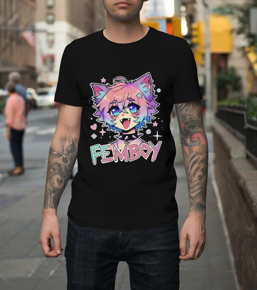 Femboy Catboy Nekomimi Anime Kawaii Pastel Sparkling Spiked Collar T-Shirt