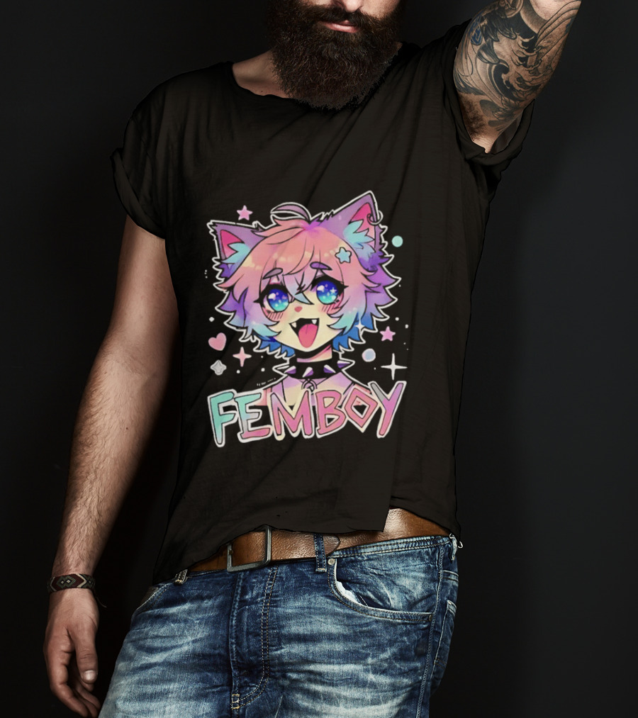 Femboy Catboy Nekomimi Anime Kawaii Pastel Sparkling Spiked Collar T-Shirt