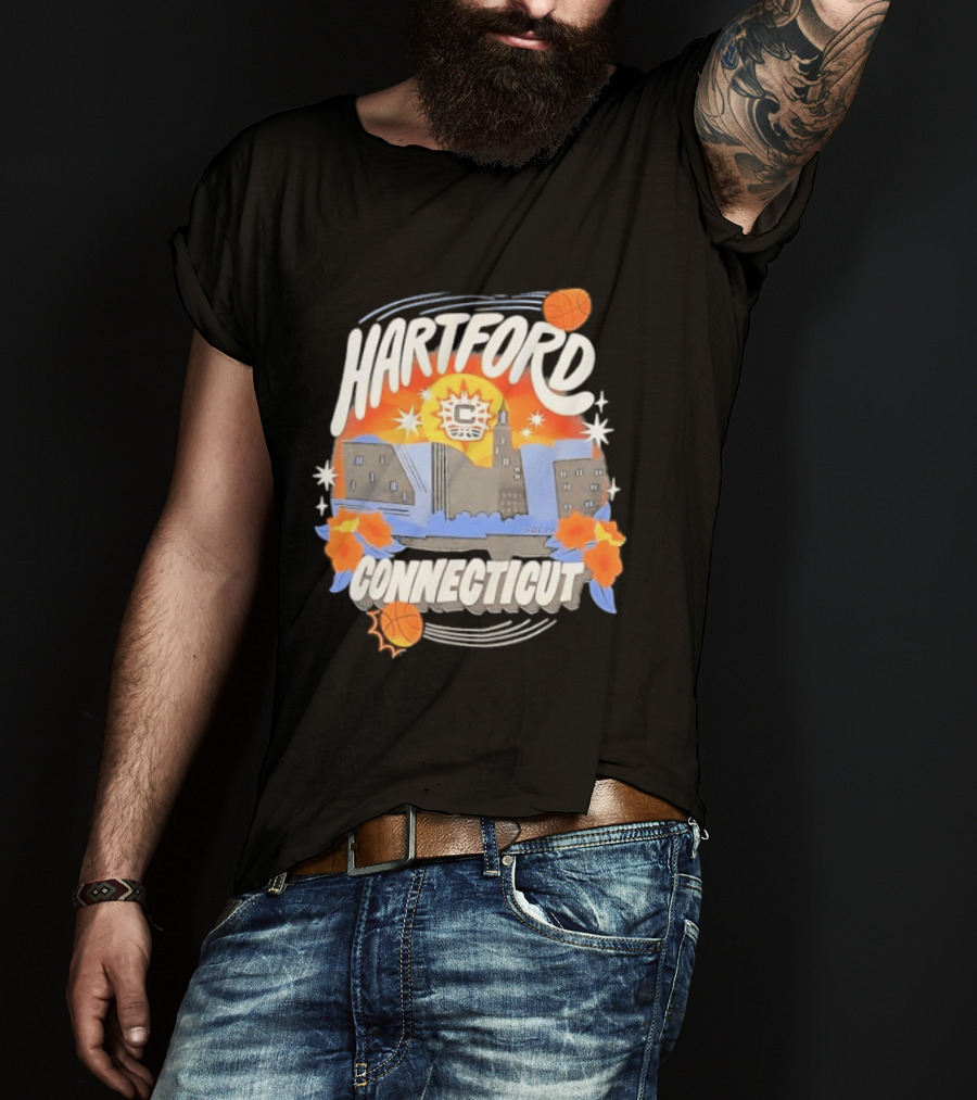 Hartford Connecticut Sun Basketball Skyline With Flowers And Basketballs T-Shirt
