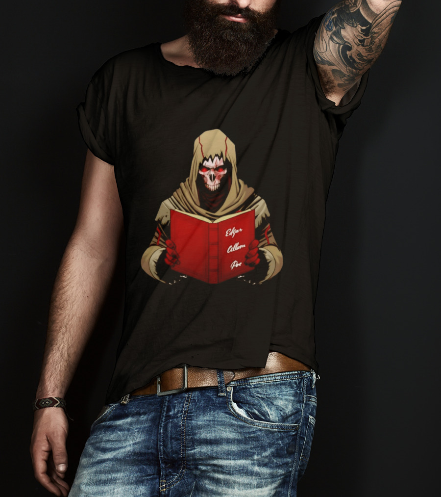 Grim Reaper Hooded Skeleton With Red Eyes Holding Edgar Allan Poe Book T-Shirt