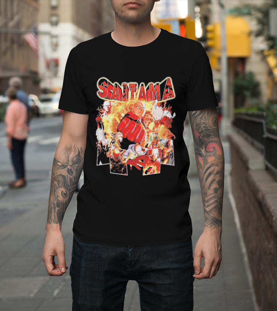 Saitama Hero Manga Character Collage With Lightning Fist T-Shirt