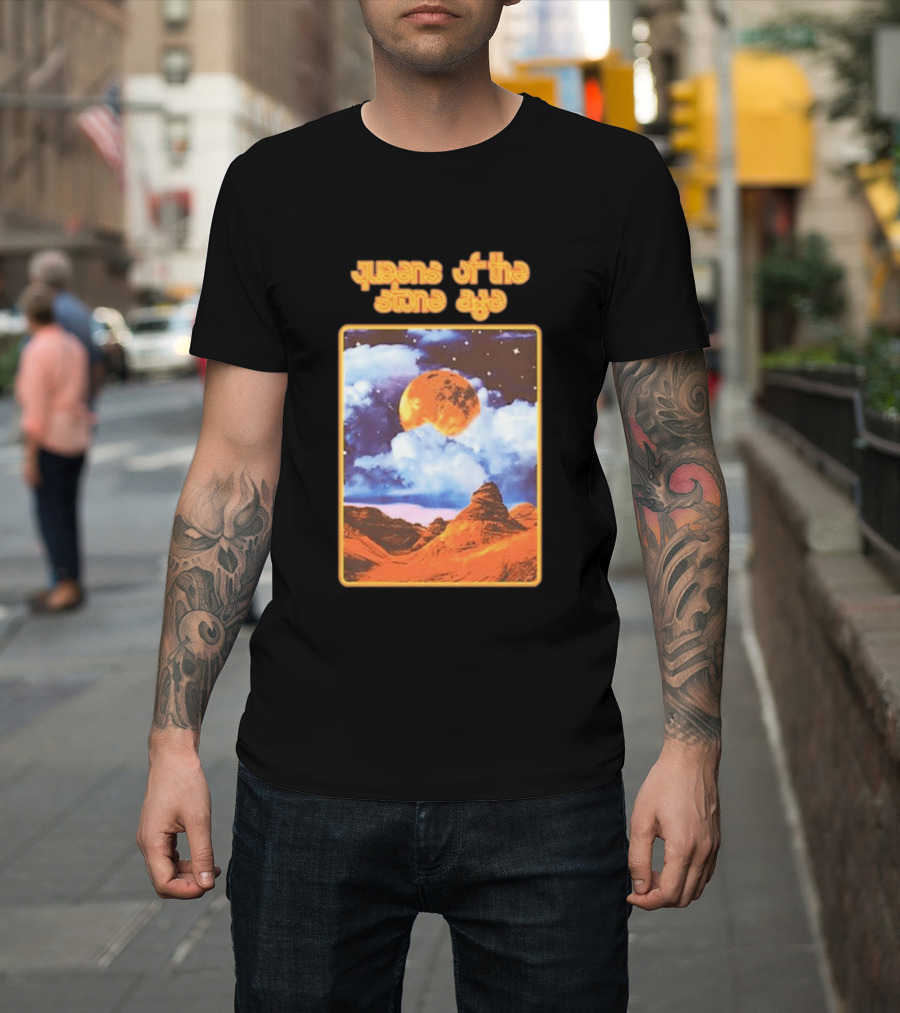 Queens Of The Stone Age Moon Landscape With Orange Cloudy Night Sky And Desert Scene T-Shirt