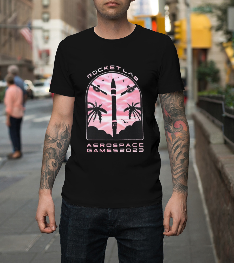 Rocket Lab Aerospace Games 2023 Rocket Space Satellite Event Palm Trees T-Shirt