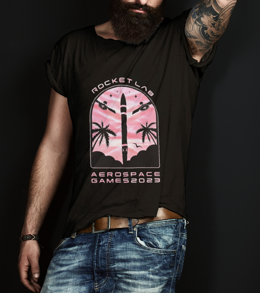 Rocket Lab Aerospace Games 2023 Rocket Space Satellite Event Palm Trees T-Shirt
