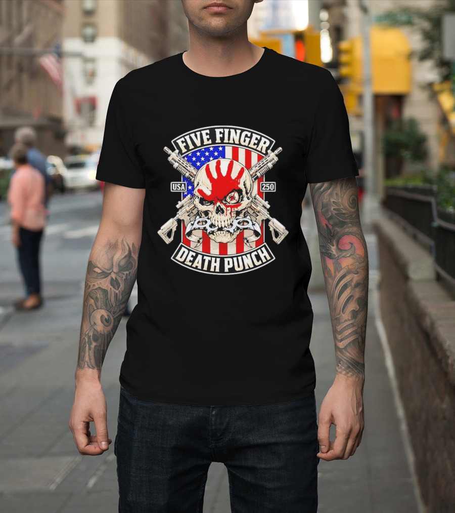 Five Finger Death Punch USA Skull With Guns And American Flag 250 July 4th T-Shirt
