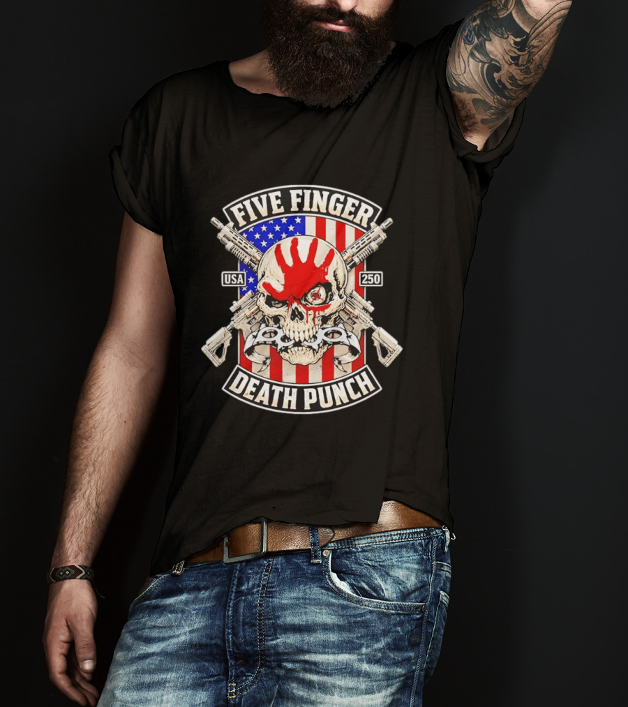 Five Finger Death Punch USA Skull With Guns And American Flag 250 July 4th T-Shirt