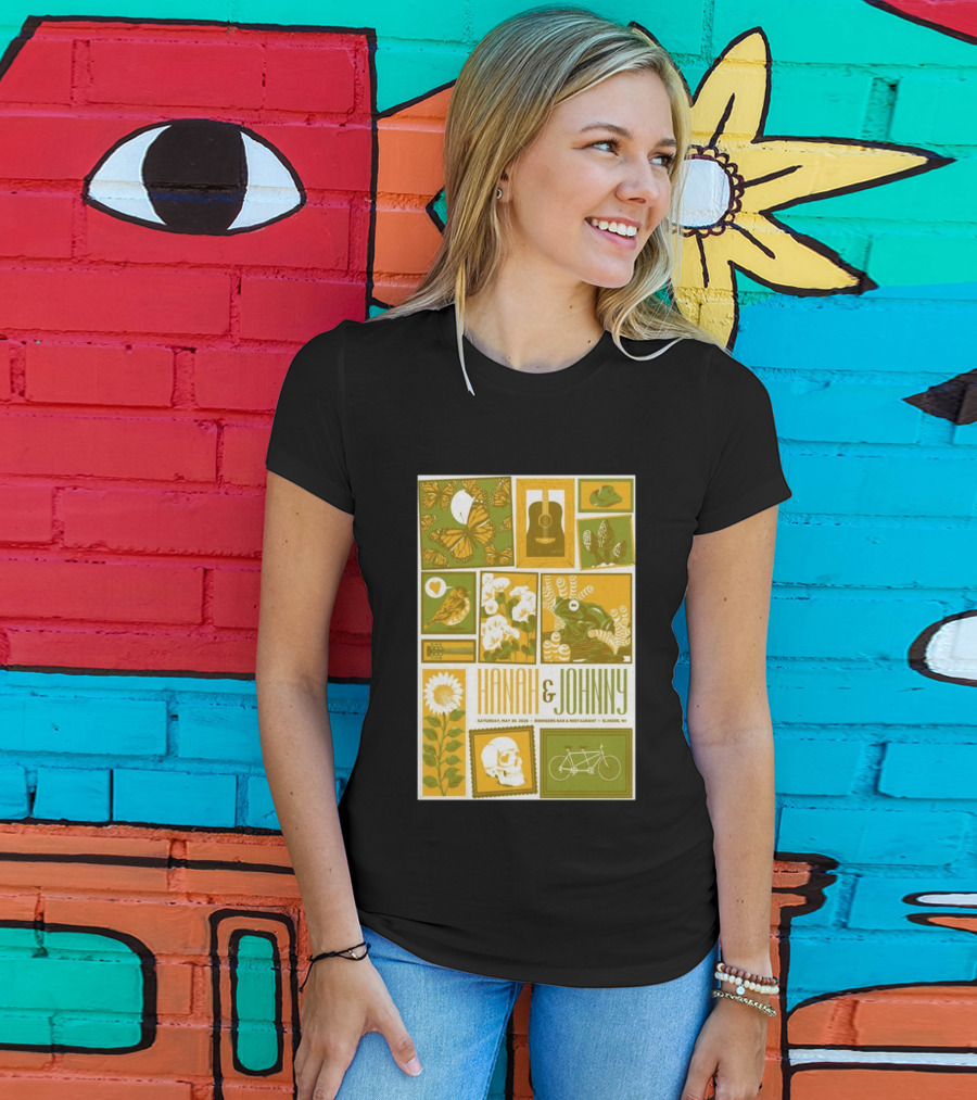 Hanah & Johnny May 30 2026 Ringer's Bar & Restaurant Slinger WI Butterfly Guitar Skull Bicycle Floral T-Shirt