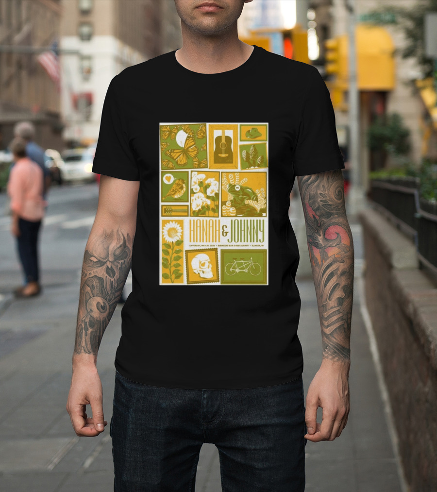 Hanah & Johnny May 30 2026 Ringer's Bar & Restaurant Slinger WI Butterfly Guitar Skull Bicycle Floral T-Shirt