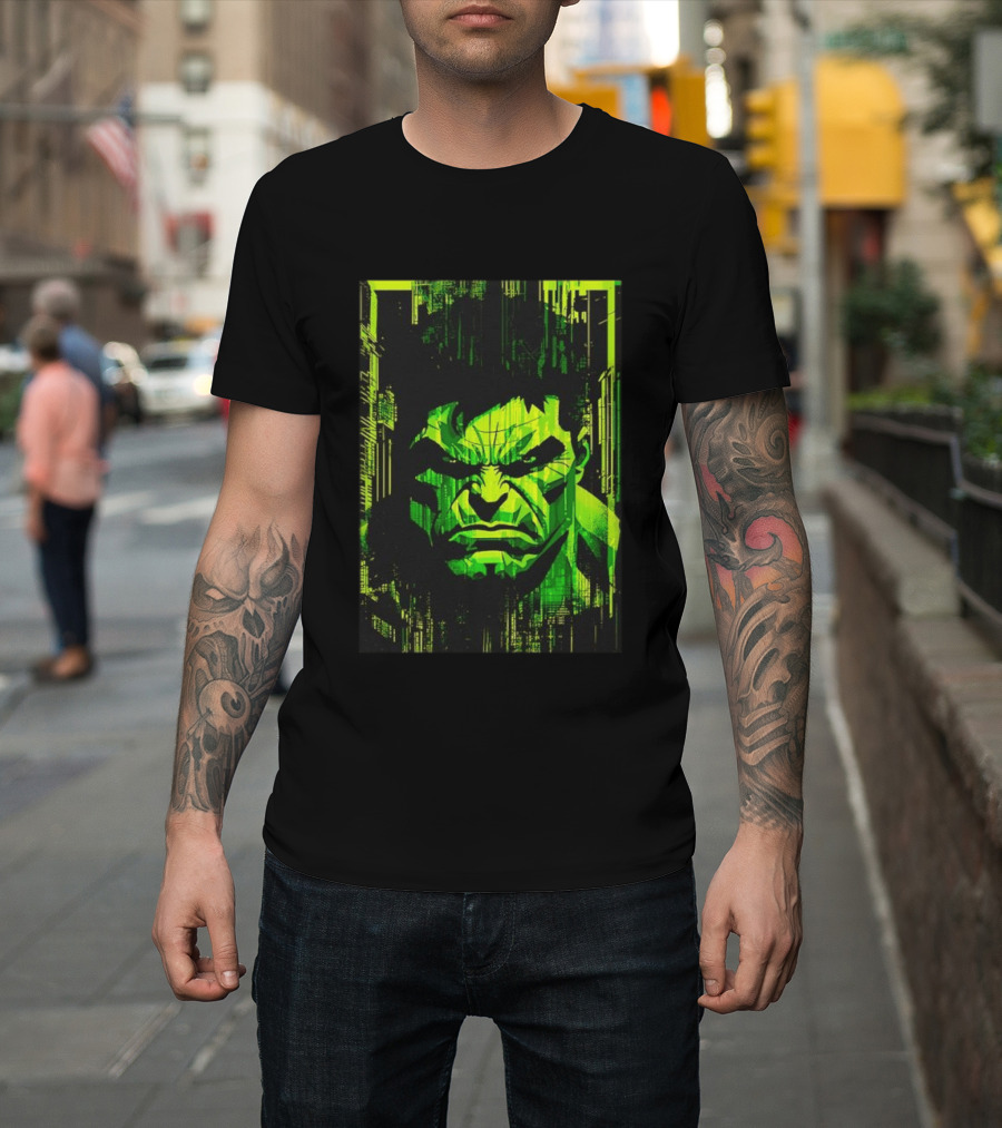 Hulk Glitch Digital Green Abstract Face T-Shirt