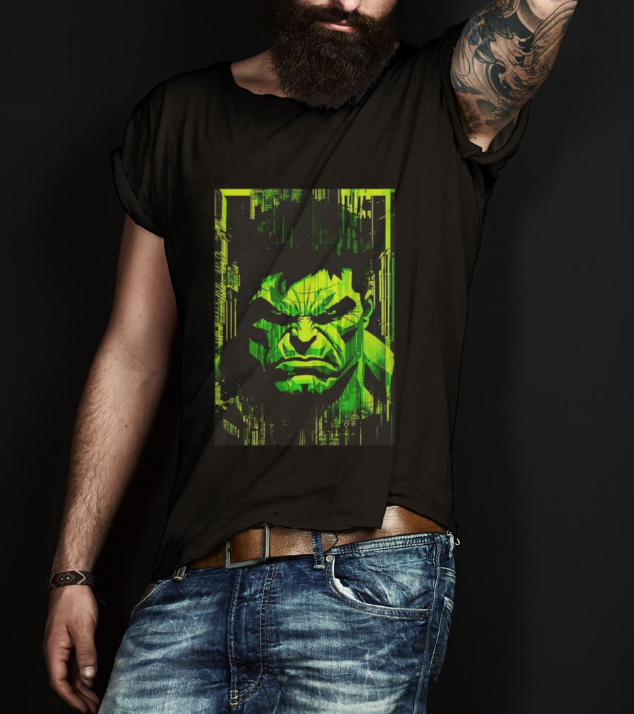 Hulk Glitch Digital Green Abstract Face T-Shirt