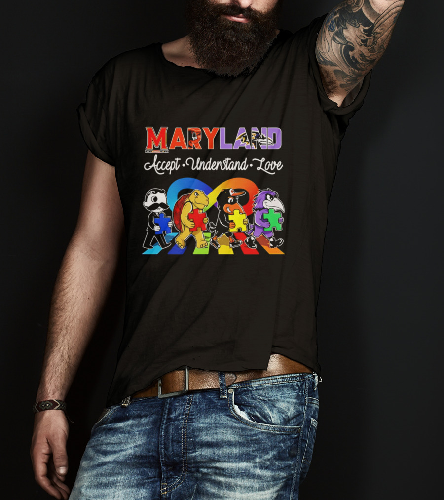 Maryland Pride Accept Understand Love With Sports Mascots And Puzzle Pieces T-Shirt