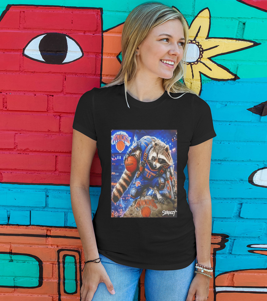 Rocket Raccoon New York Knicks Marvel Guardians NBA Crossover Wilson Ball T-Shirt