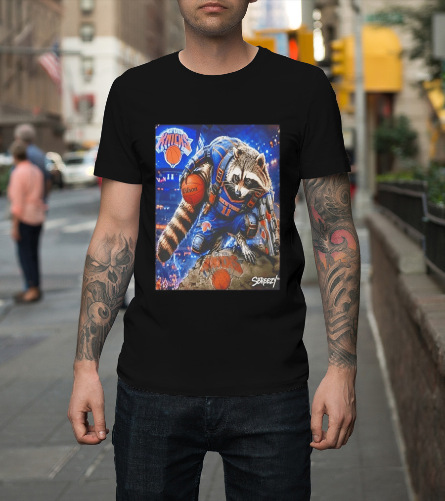 Rocket Raccoon New York Knicks Marvel Guardians NBA Crossover Wilson Ball T-Shirt