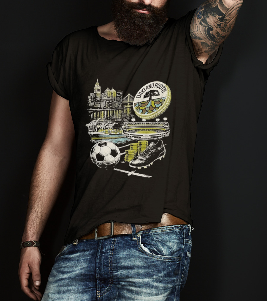 Oakland Roots Skyline Soccer Ball Stadium Ship And Coins T-Shirt